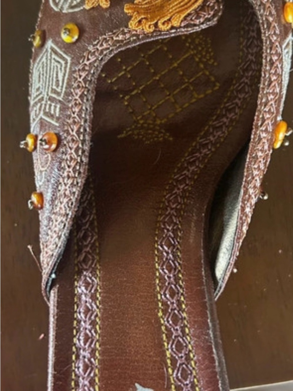 Embroidered Brown Women's Slip-On Clog with Bead Accents
